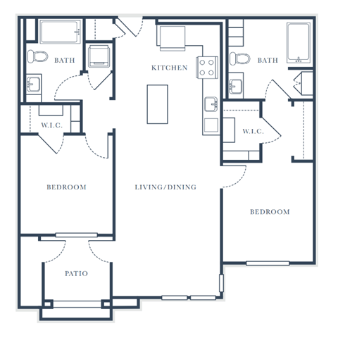 A floor plan of a house with two bedrooms, a living/dining area, a kitchen, two bathrooms, and a patio.